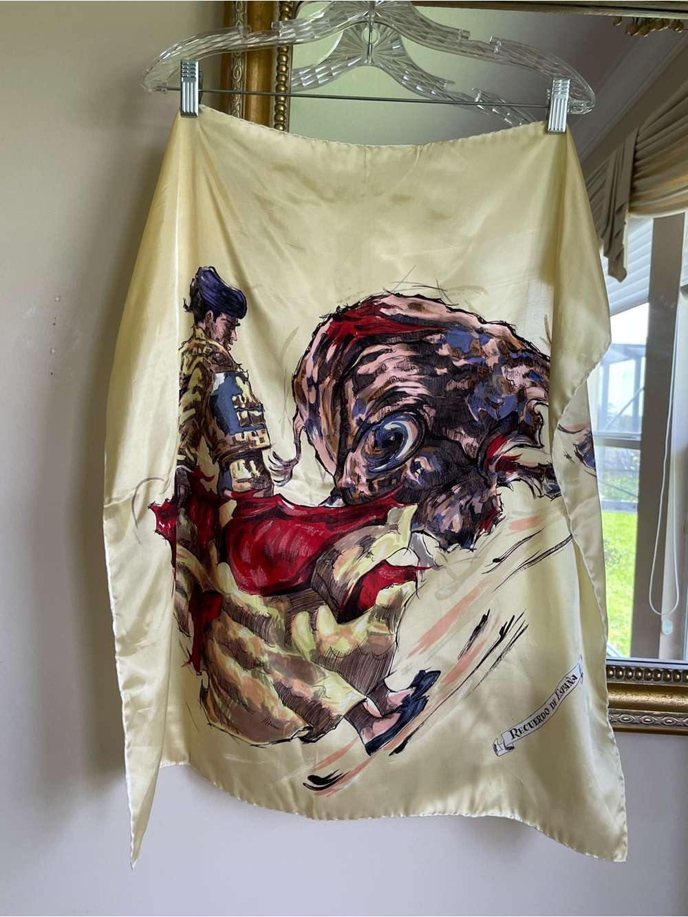 Rare Vintage Cream Silk Scarf with Bullfighting Matador Illustration 25”x 26”